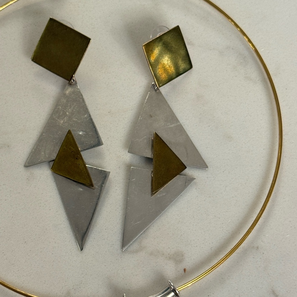 Taxco Sterling Silver and Brass Jewelry Set - Dangle Earrings and Necklace - Picture 2 of 9